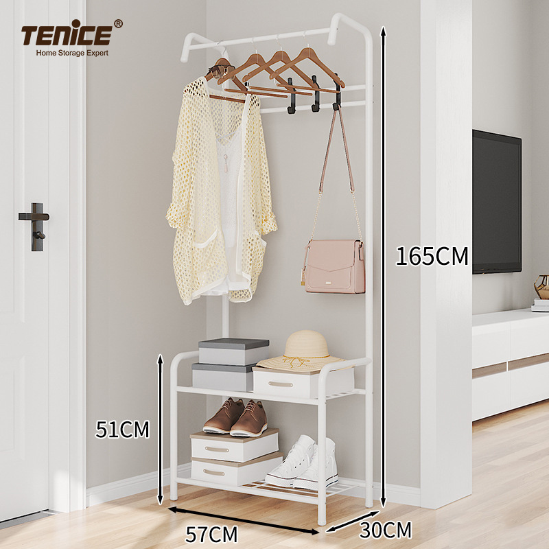 Tenice 2 tier coat rack shoe bench with double storage shelf 4 hooks and hanging bar,  Easy Assembly Design 57x30x165cm