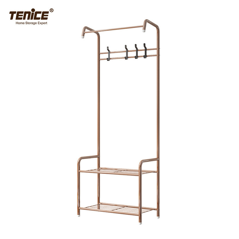 Tenice 2 tier coat rack shoe bench with double storage shelf 4 hooks and hanging bar,  Easy Assembly Design 57x30x165cm