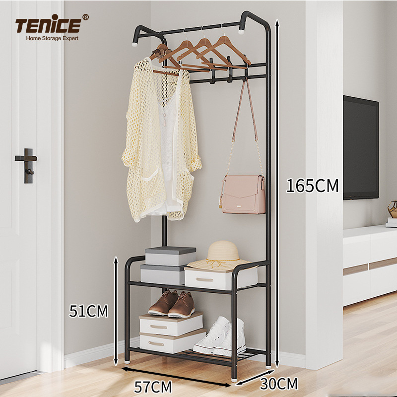 Tenice 2 tier coat rack shoe bench with double storage shelf 4 hooks and hanging bar,  Easy Assembly Design 57x30x165cm