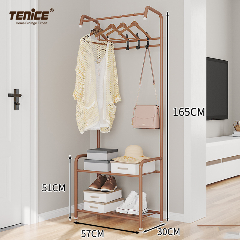 Tenice 2 tier coat rack shoe bench with double storage shelf 4 hooks and hanging bar,  Easy Assembly Design 57x30x165cm