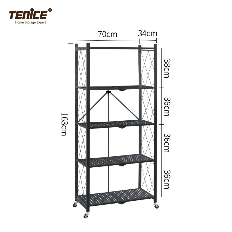 Tenice 5-Tier Foldable Standing Shelf Units ,Expandable & Adjustable Storage Rack, Metal Heavy Duty Storage Shelf with Wheels