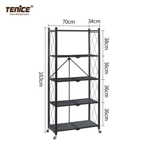 Tenice 5-Tier Foldable Standing Shelf Units ,Expandable & Adjustable Storage Rack, Metal Heavy Duty Storage Shelf with Wheels