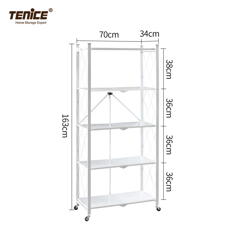 Tenice 5-Tier Foldable Standing Shelf Units ,Expandable & Adjustable Storage Rack, Metal Heavy Duty Storage Shelf with Wheels