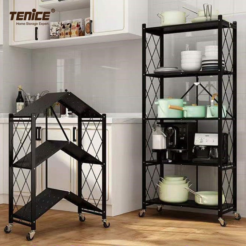 Tenice 5-Tier Foldable Standing Shelf Units ,Expandable & Adjustable Storage Rack, Metal Heavy Duty Storage Shelf with Wheels