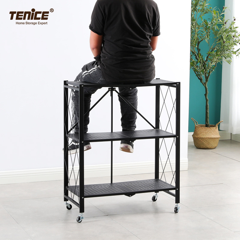 Tenice 5-Tier Foldable Standing Shelf Units ,Expandable & Adjustable Storage Rack, Metal Heavy Duty Storage Shelf with Wheels