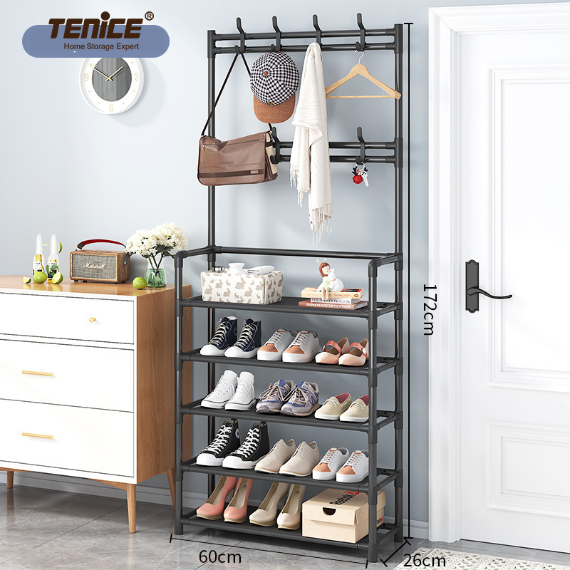 Modern Tenice Hall Tree 3-In-1 Design with Metal Storage Entryway Coat Shoe Rack 4-Tier Shelf Bedroom Bathroom Living Room