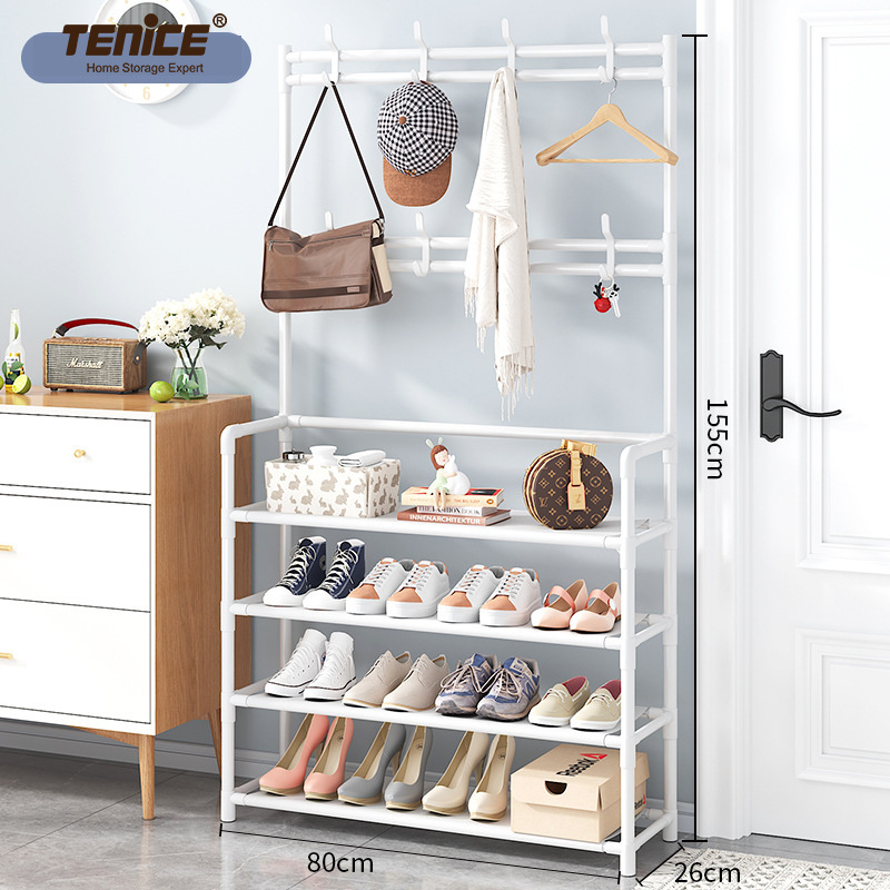 Modern Tenice Hall Tree 3-In-1 Design with Metal Storage Entryway Coat Shoe Rack 4-Tier Shelf Bedroom Bathroom Living Room