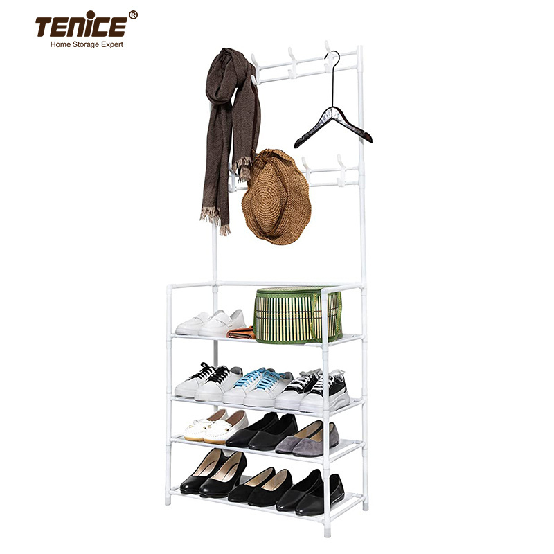 Modern Tenice Hall Tree 3-In-1 Design with Metal Storage Entryway Coat Shoe Rack 4-Tier Shelf Bedroom Bathroom Living Room