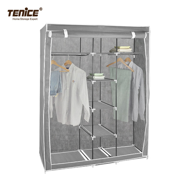 Tenice Portable Wardrobe Closet Clothes Organizer Non-Woven Fabric Cover with 7 Storage Shelves, 2 Hanging Sections