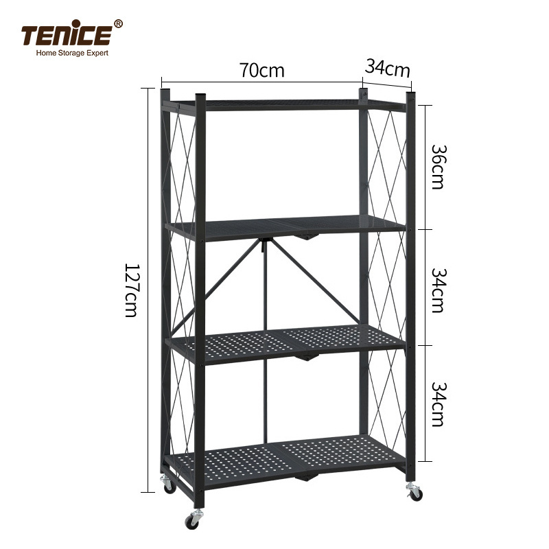 Metal Folding Storage Shelves Rack with Wheels, Household Metal Tenice Household Shelving Storage Unit, 4-shelf Iron 0.5mm