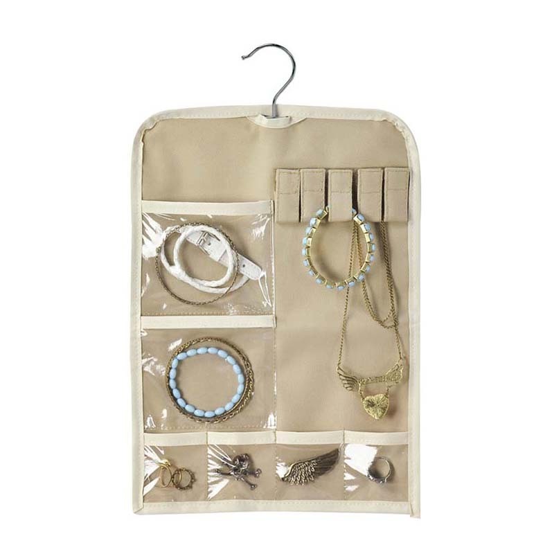 Tencie Hanging Jewelry Organizer Storage Roll with Hanger Metal Hooks 12 pockets Jewelry Holder for Earrings, Necklaces, Rings