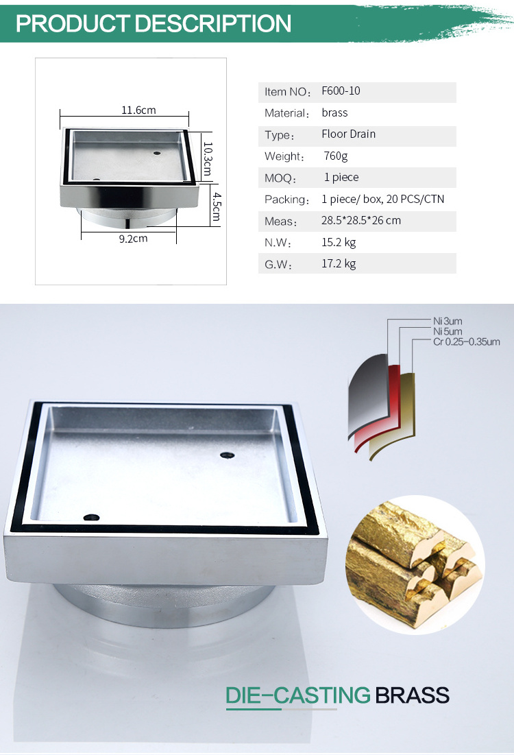 Stainless Steel Square Shower Floor Drain with Tile Insert Invisible Grate Cover Strainer Brushed Bathroom Drainer