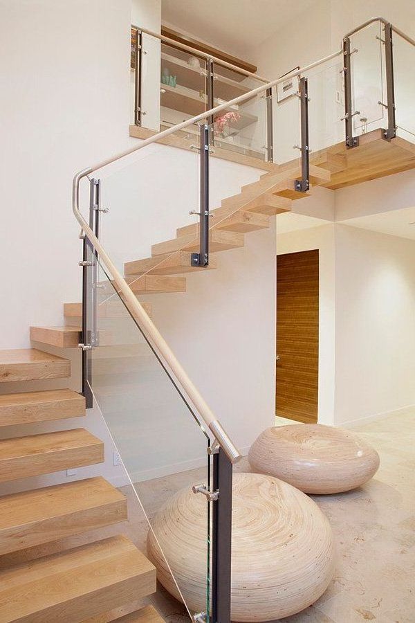 2024 Modern Design Interior Straight Wooden Floating Stair Tread Steps And Tempered Glass Railing Staircase