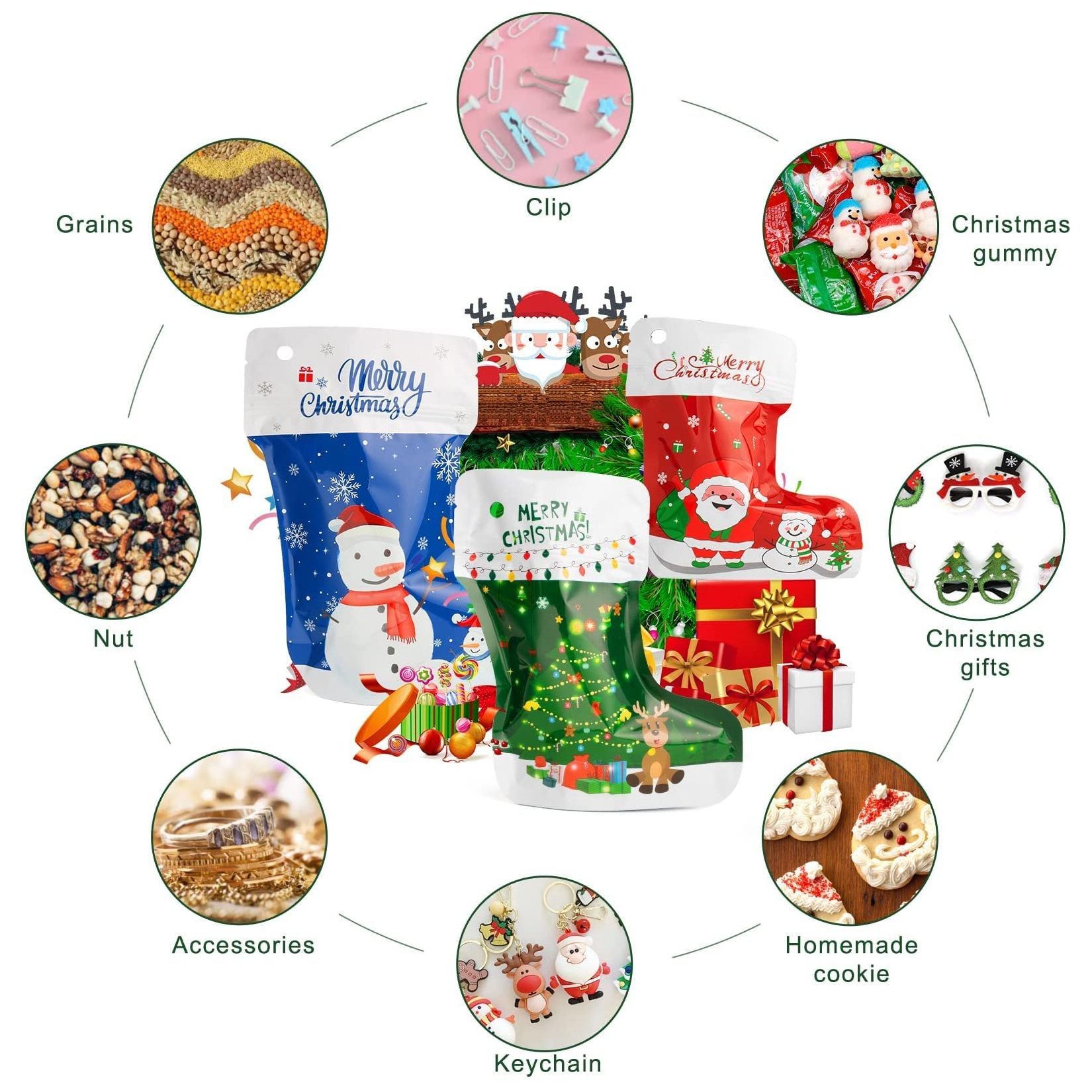 Christmas Gift Bags Foil Candy Mylar Ziplock Resealable Treat bag Christmas Stocking Bags for Hanging Christmas Tree Decoration