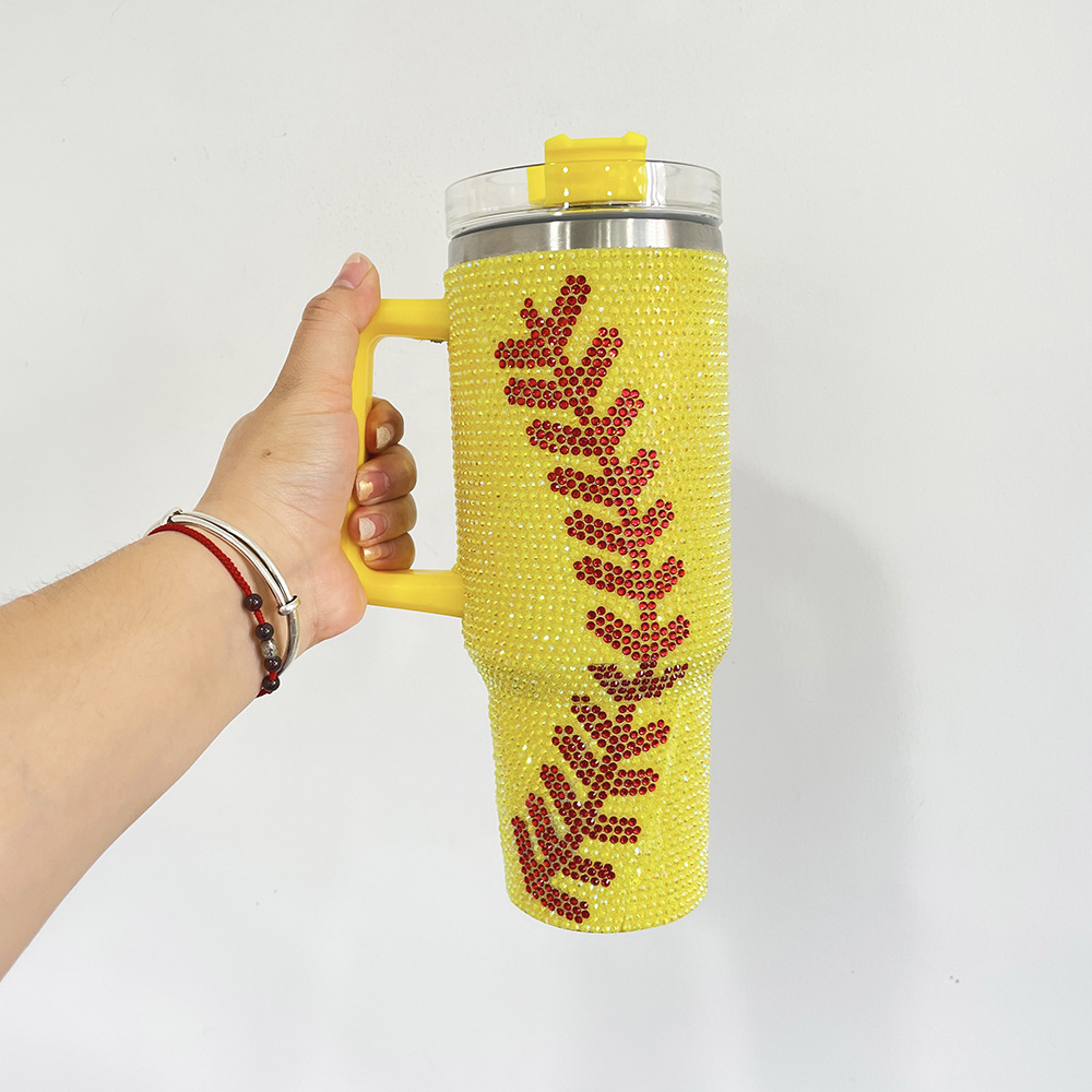 40oz Sports Tumblers Bling Rhinestone Tumblers With Handle Travel Mug Stainless Steel Tumbler Baseball Bat Beer Cups