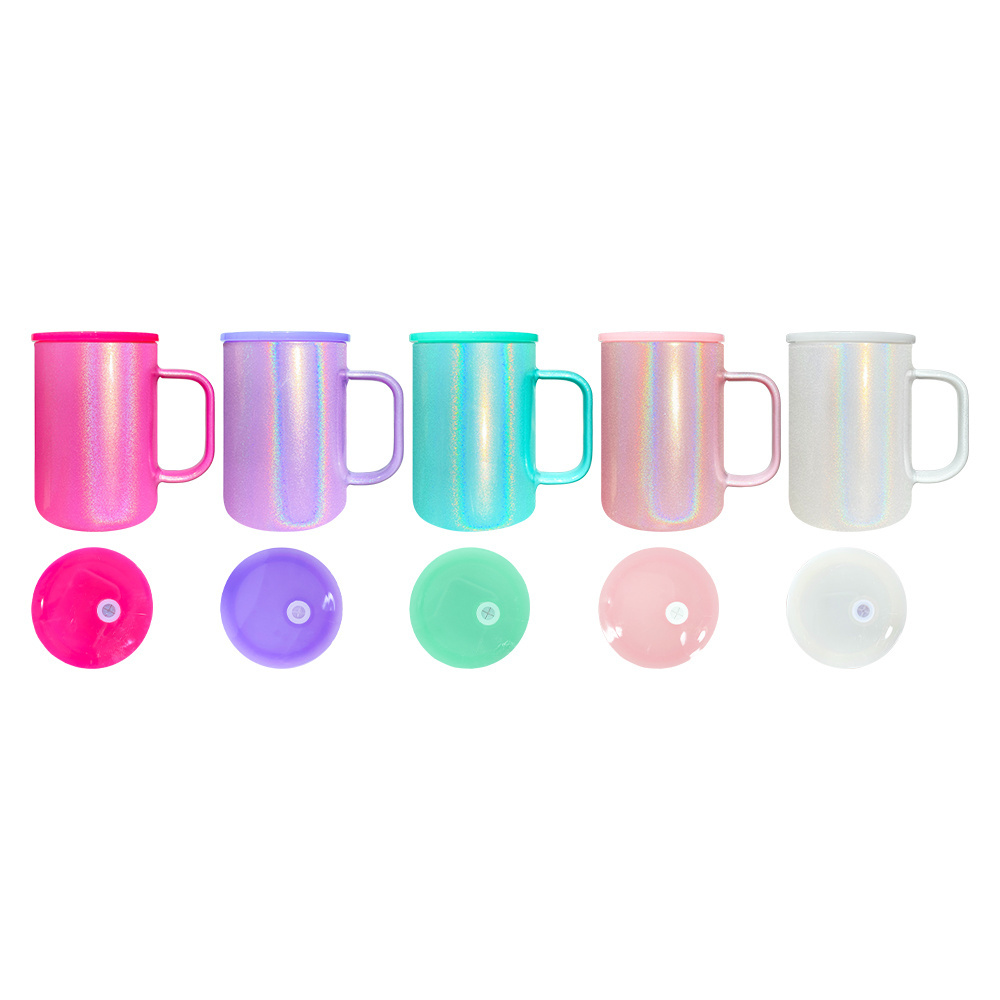 USA warehouse holographic sublimation 17oz shimmer glitter colored glass coffee mugs with colored pp lid