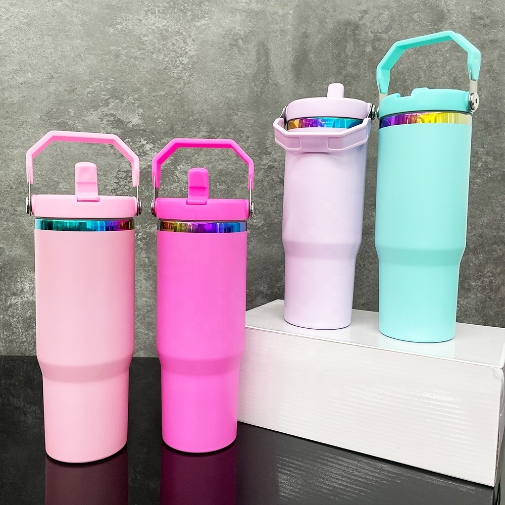 USA Warehouse 30oz Matte Macaron Blank Sublimation Rainbow Underneath Plated 30oz Flip Top Straw Tumbler Tumblers Water Bottle