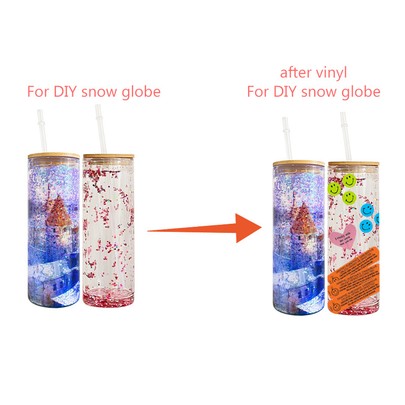 USA Warehouse Free Shipping 20oz Snow Globe Double Wall Glass for Rhinestone with Bamboo Lid for Sublimation and Glitter