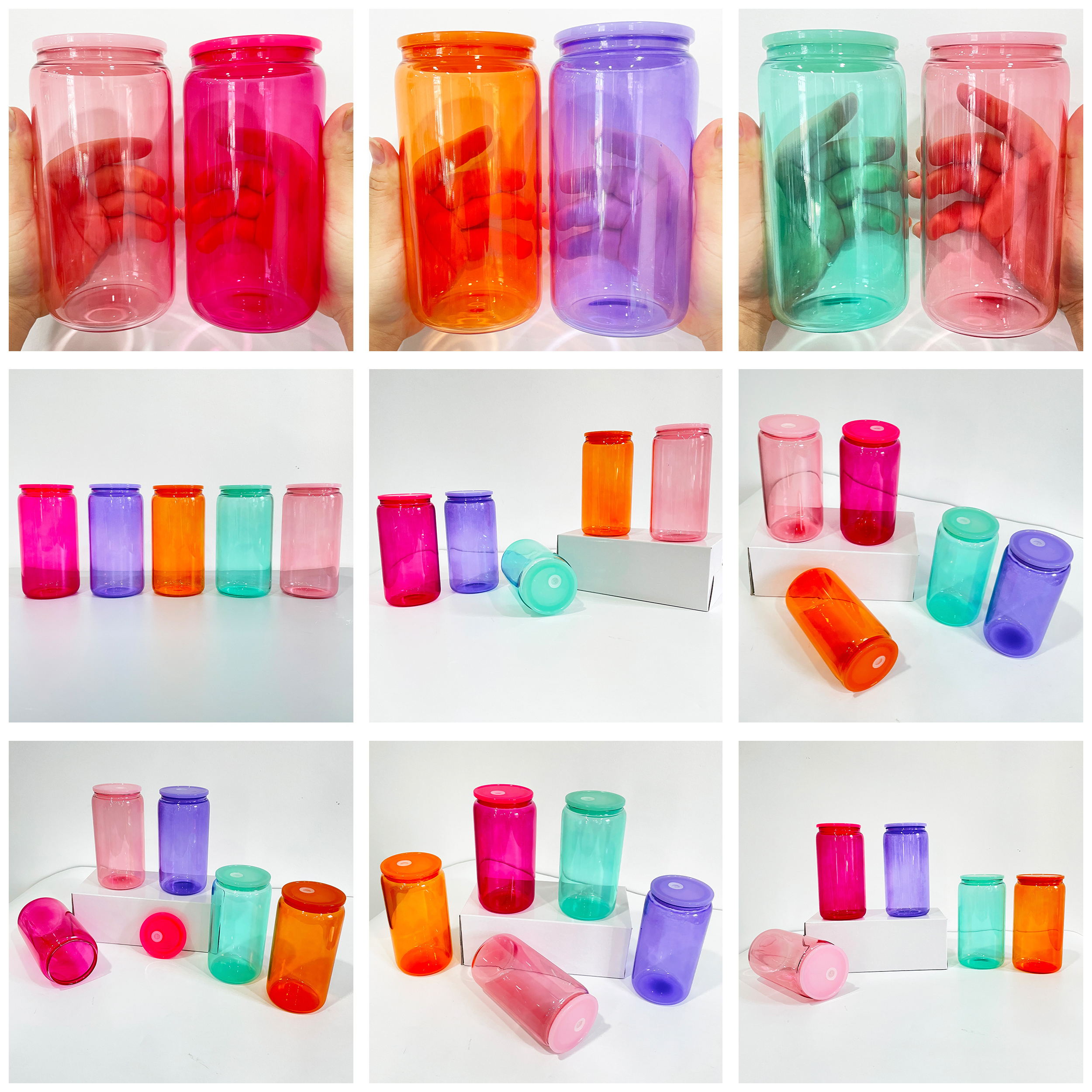 Ready to ship blank sublimation 16oz colored jelly glass can with plastic lid soda beer coffee tumbler cups for sublimation