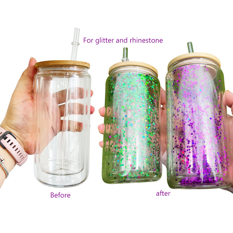 12oz USA Warehouse Double Wall Glass for Glitter Blank Sublimation Soda Beer Coffee Snow Globe Beer Can Glasses