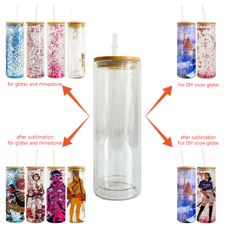 USA Warehouse Free Shipping 20oz Snow Globe Double Wall Glass for Rhinestone with Bamboo Lid for Sublimation and Glitter