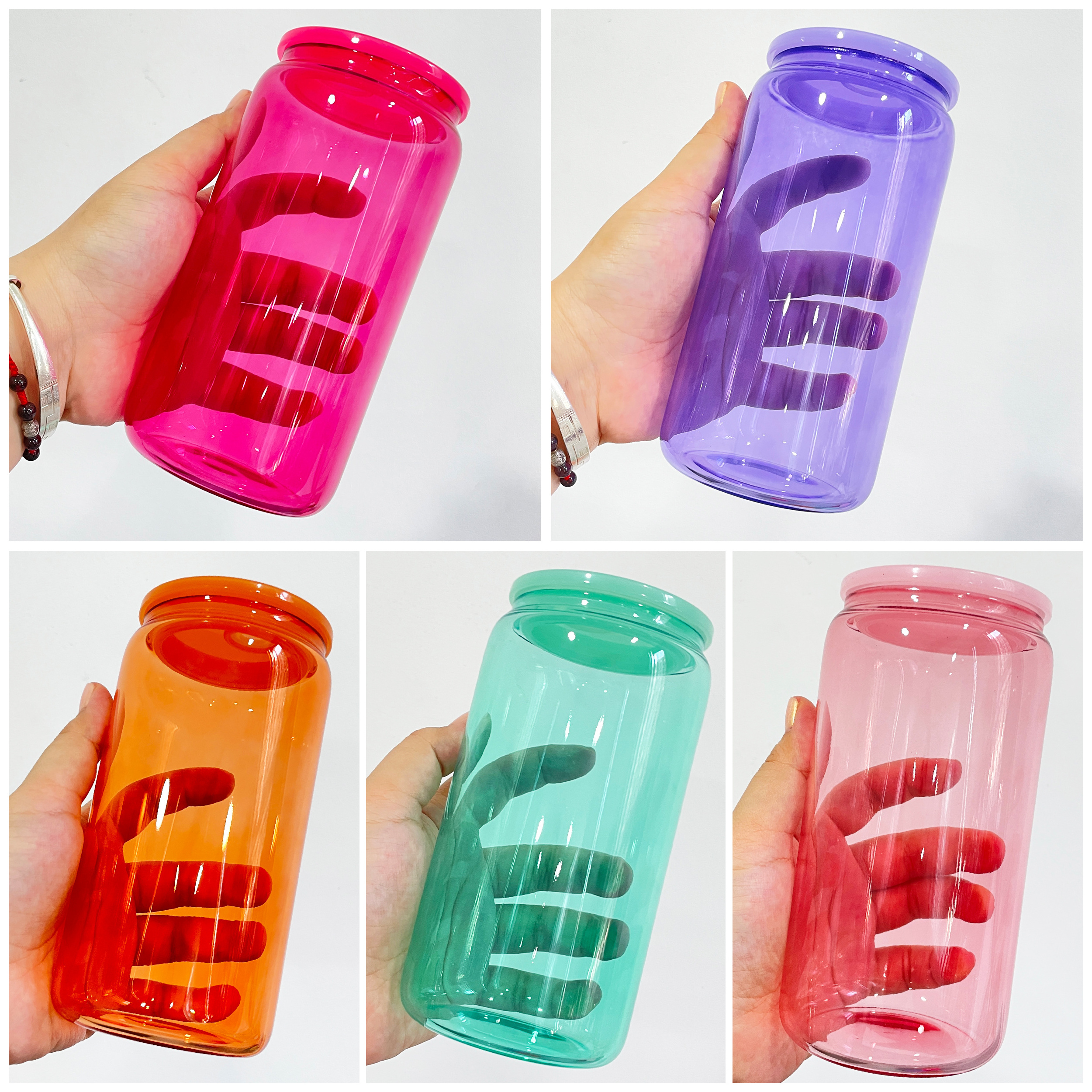 Ready to ship blank sublimation 16oz colored jelly glass can with plastic lid soda beer coffee tumbler cups for sublimation