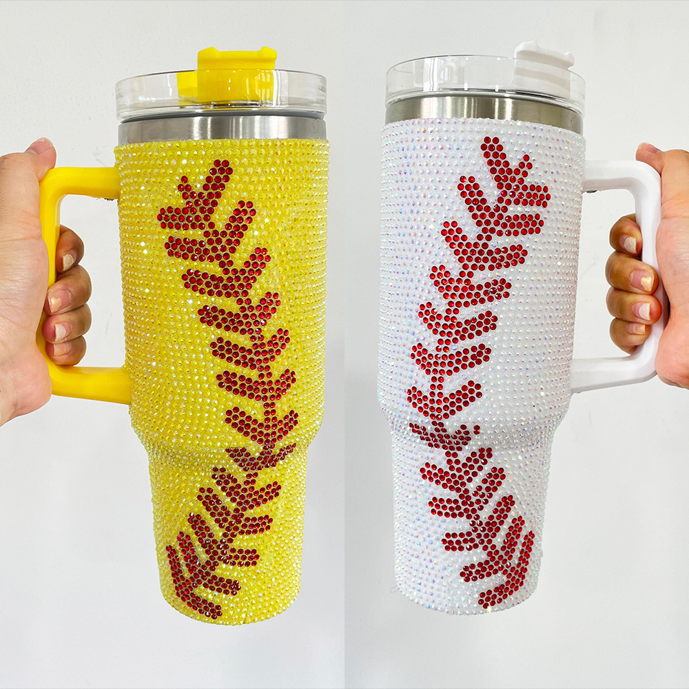 40oz Sports Tumblers Bling Rhinestone Tumblers With Handle Travel Mug Stainless Steel Tumbler Baseball Bat Beer Cups