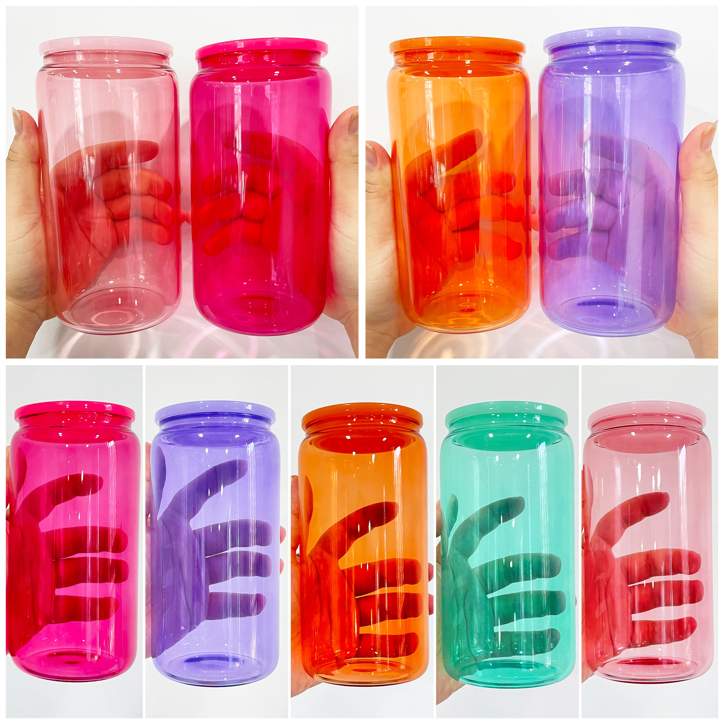 Ready to ship blank sublimation 16oz colored jelly glass can with plastic lid soda beer coffee tumbler cups for sublimation