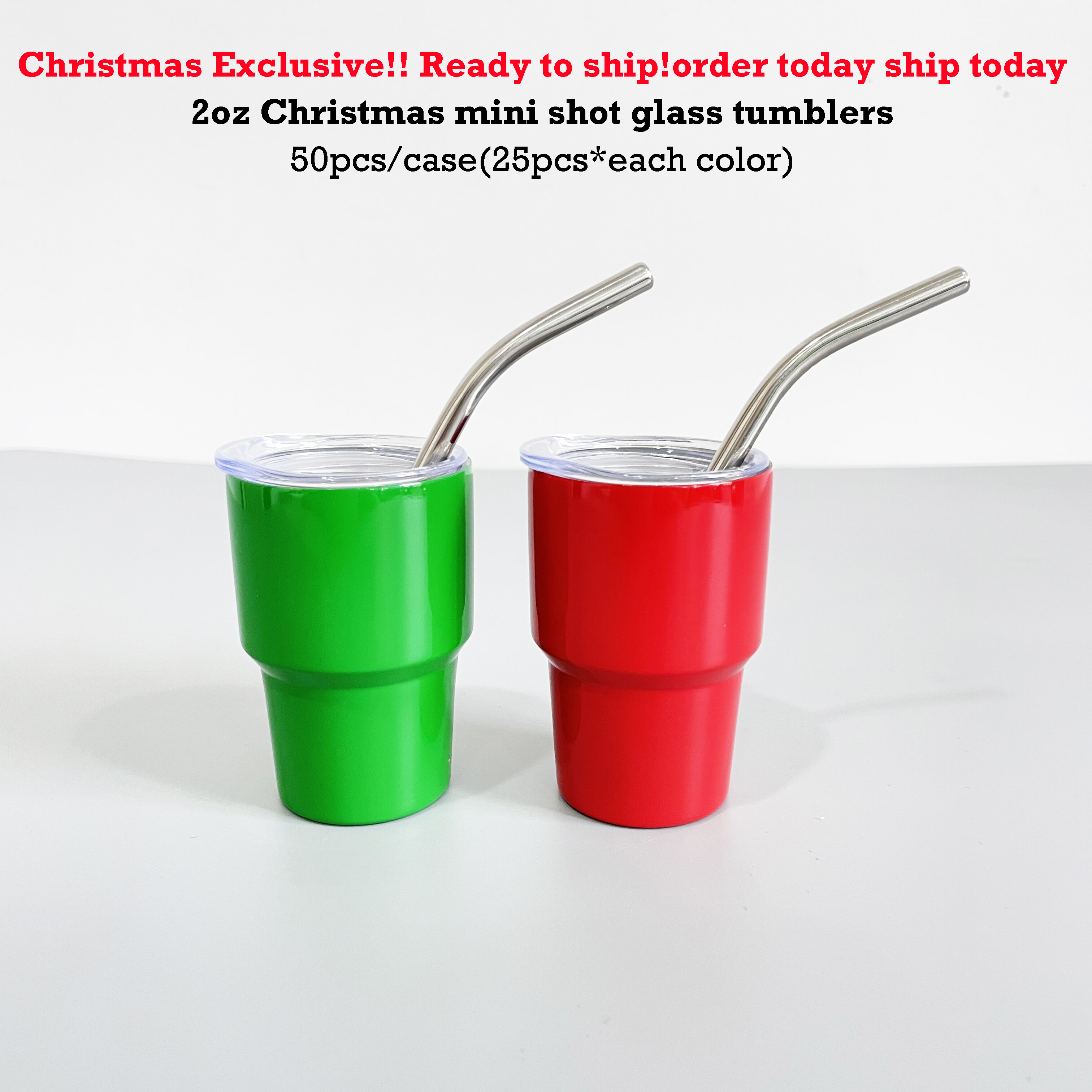 USA RTS mini cute Xmas gifts red green color 2oz shot glasses Stainless Steel tumblers with straw for sublimation printing