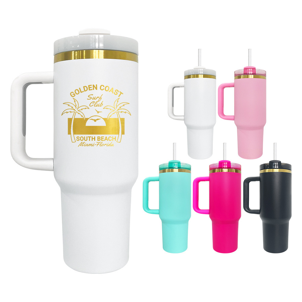 USA warehouse H2.0 Macarone gold plated powder coated 40oz quencher tumbler water coffee mugs cups with handle for engraved