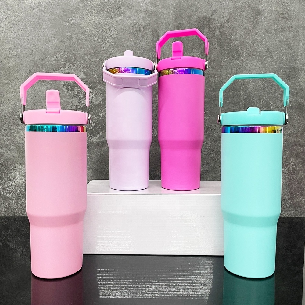 USA Warehouse 30oz Matte Macaron Blank Sublimation Rainbow Underneath Plated 30oz Flip Top Straw Tumbler Tumblers Water Bottle