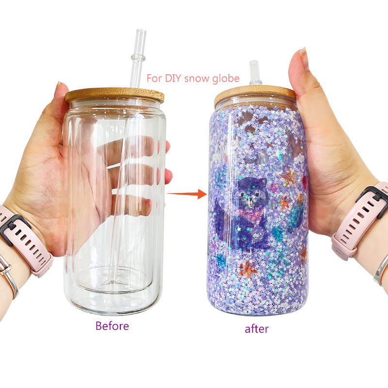 12oz USA Warehouse Double Wall Glass for Glitter Blank Sublimation Soda Beer Coffee Snow Globe Beer Can Glasses