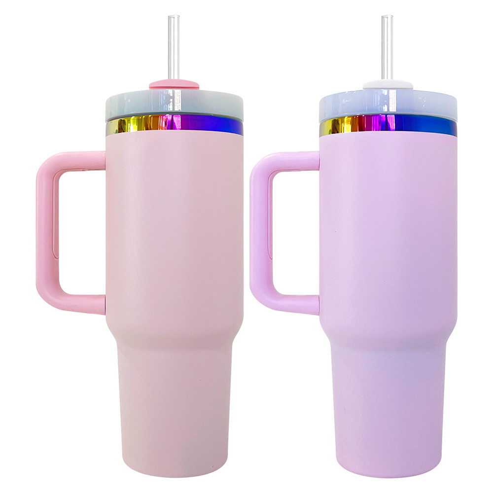 USA warehouse multiple colors powder coated 40oz holographic rainbow plated tumbler with lid and straw for Valentine's Day