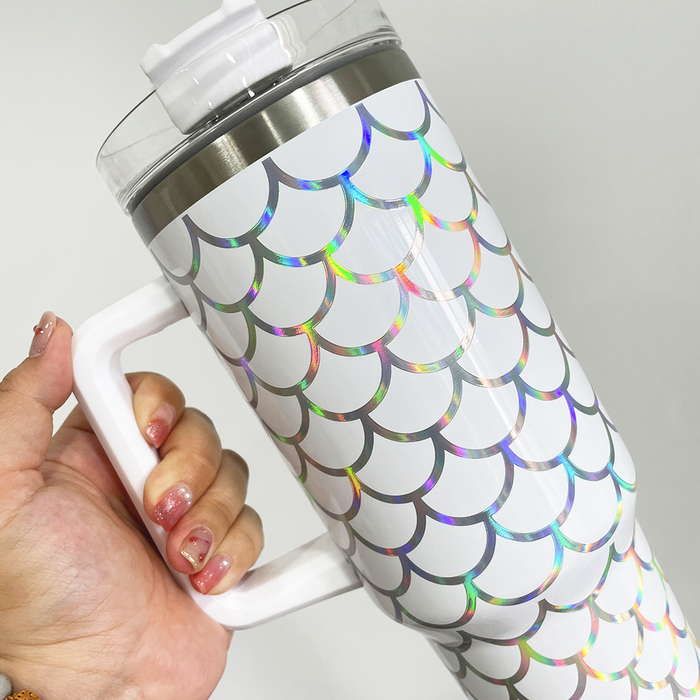 40oz Holographic Mermaid Travel Coffee Mug vacuum insulated holographic fish scales print travel mug with straw for travel