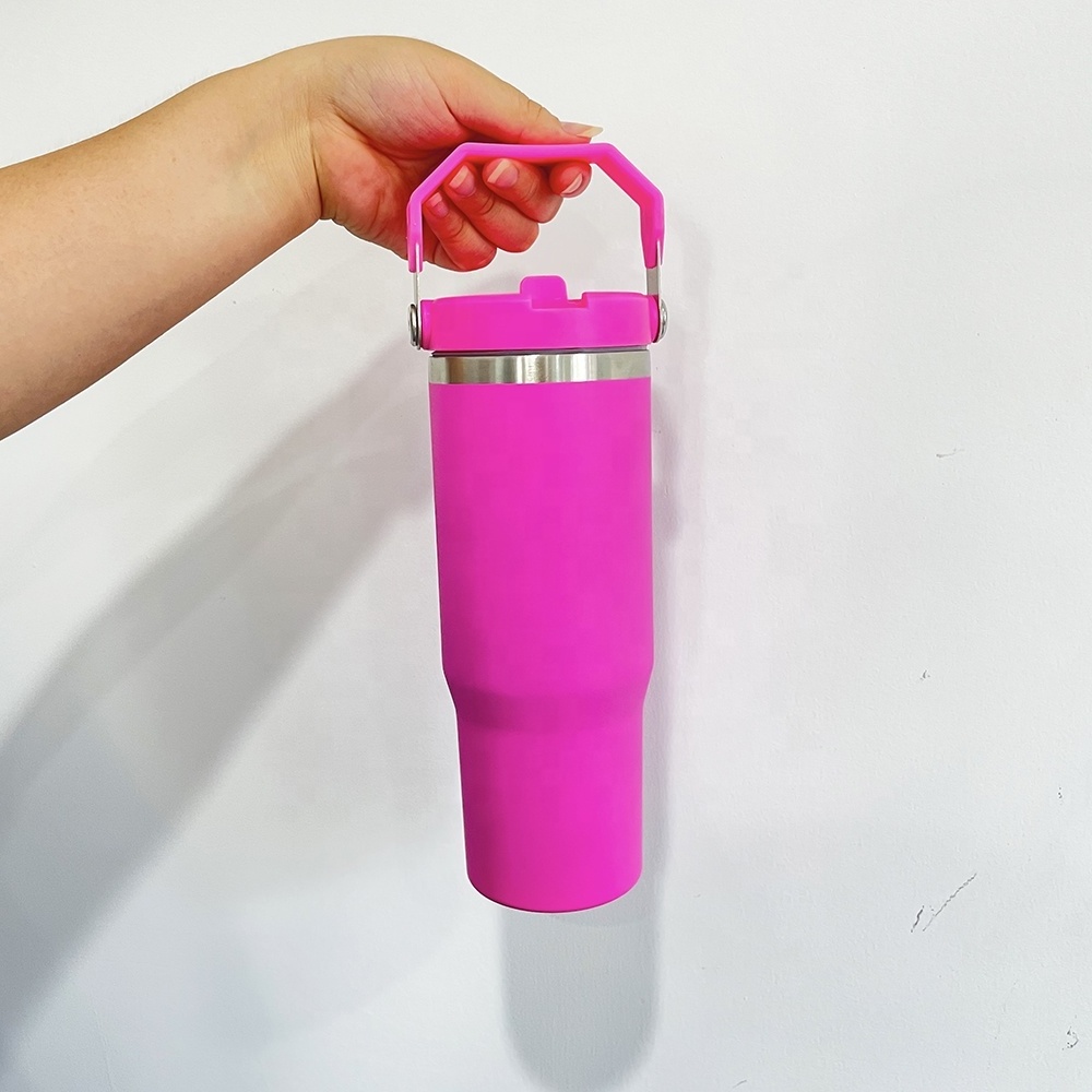 sports vacuum insulated flamingo pink hot pink 40oz 30oz portable tumbler bottle water bottle with handle flip straw tumbler