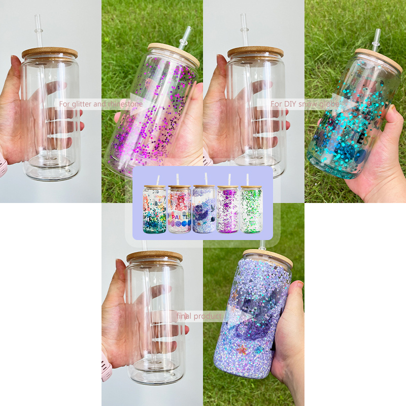 12oz USA Warehouse Double Wall Glass for Glitter Blank Sublimation Soda Beer Coffee Snow Globe Beer Can Glasses