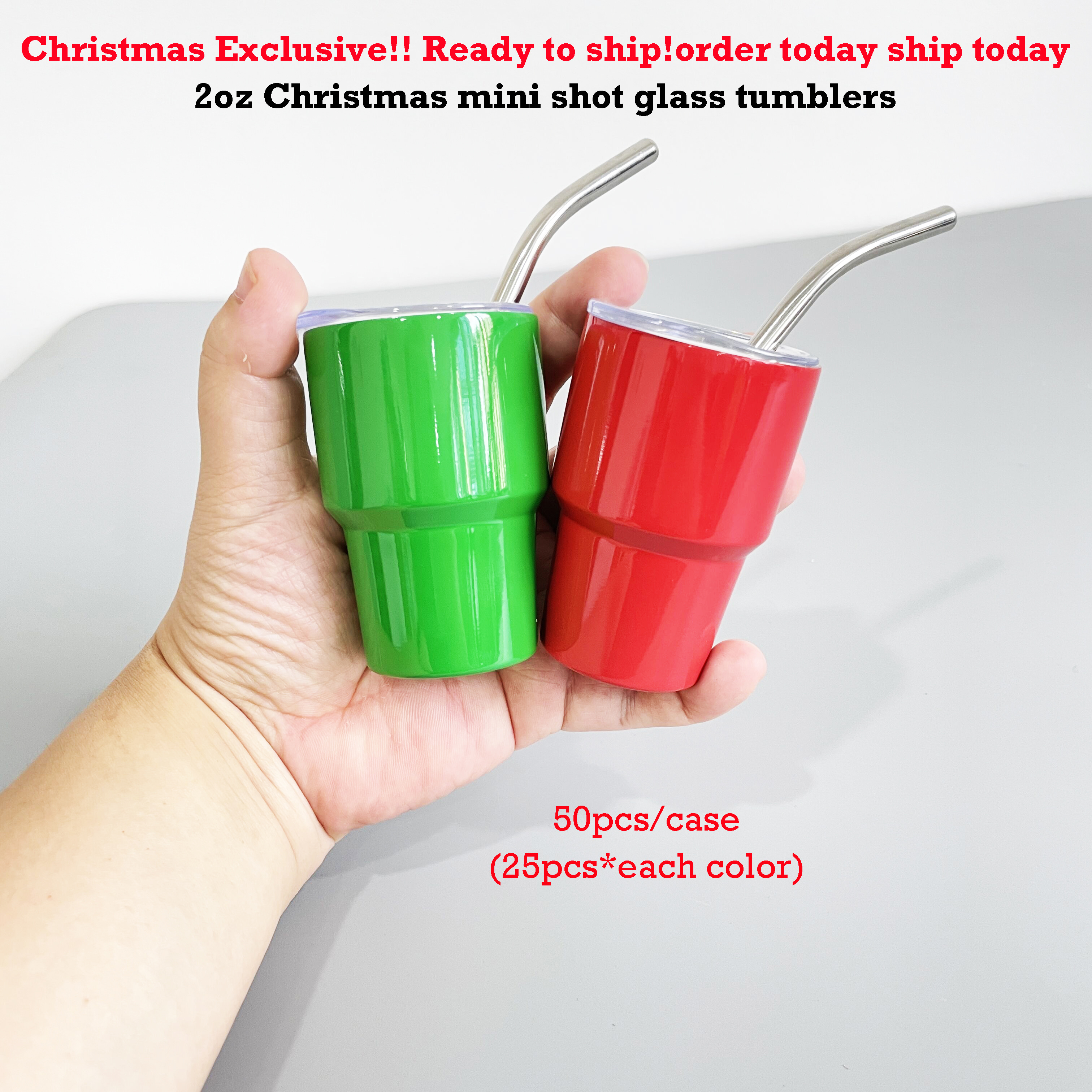 USA RTS mini cute Xmas gifts red green color 2oz shot glasses Stainless Steel tumblers with straw for sublimation printing