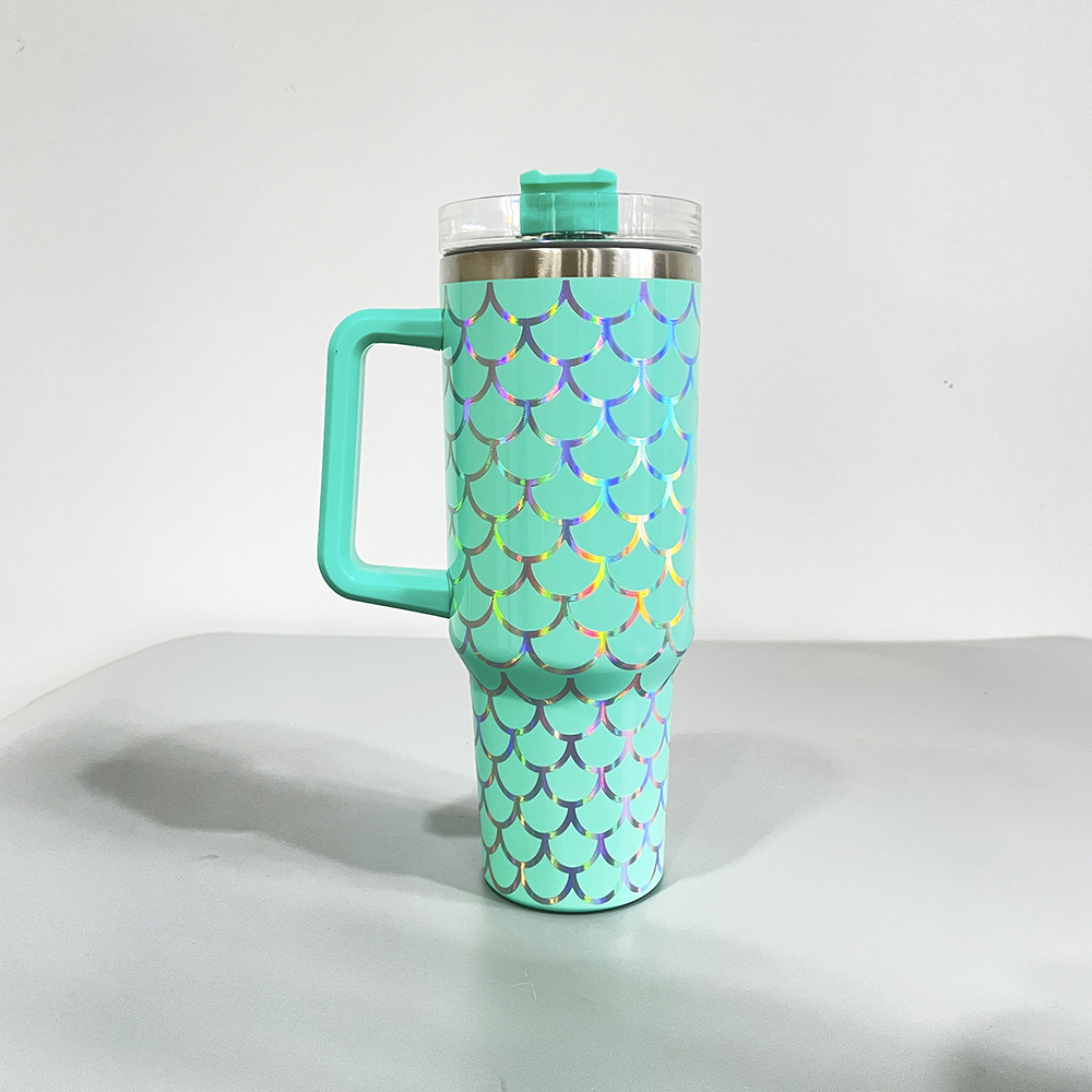 40oz Holographic Mermaid Travel Coffee Mug vacuum insulated holographic fish scales print travel mug with straw for travel