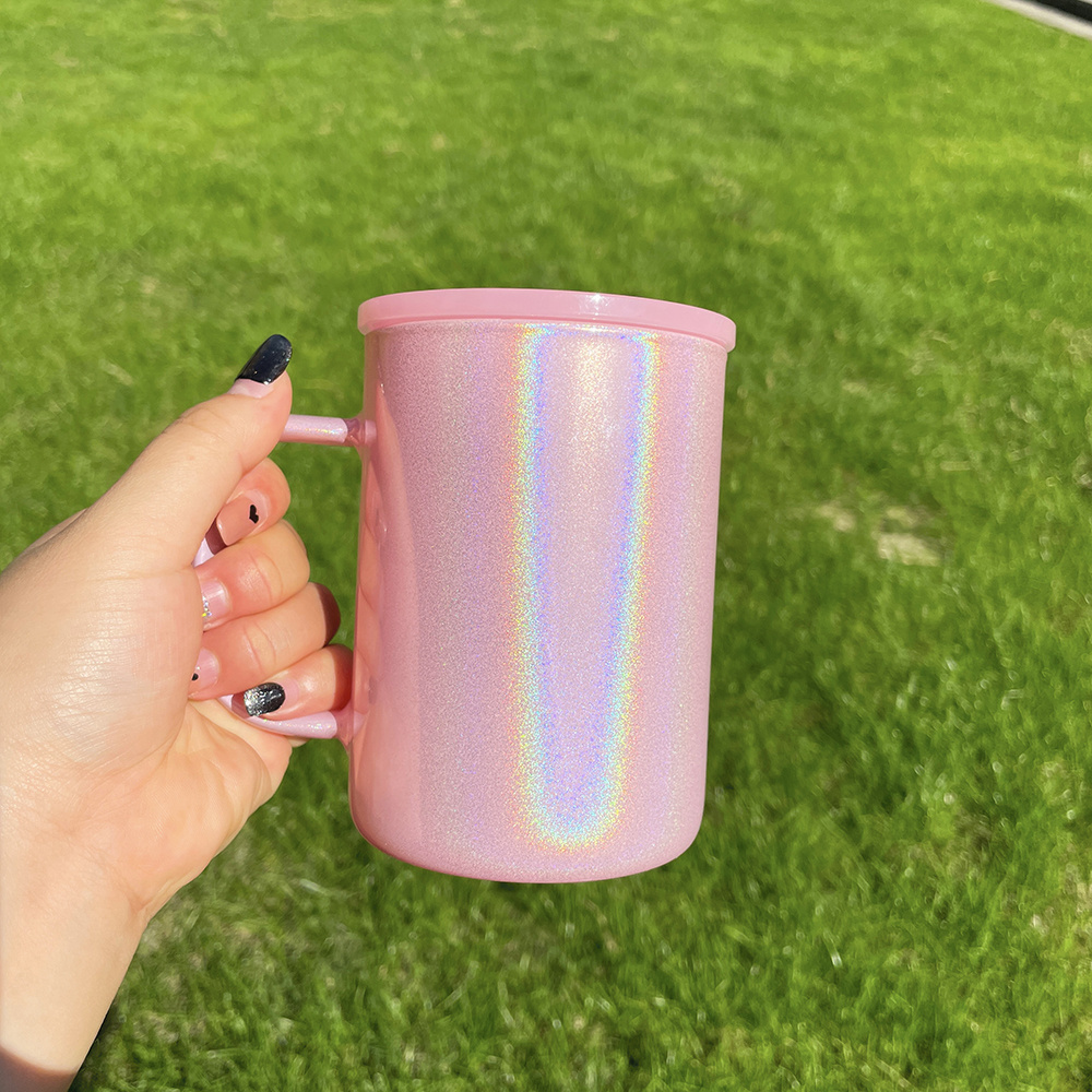 USA warehouse holographic sublimation 17oz shimmer glitter colored glass coffee mugs with colored pp lid