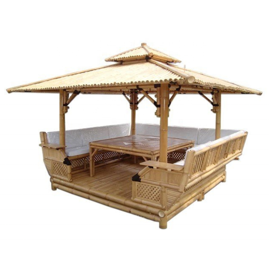 Wholesale Set Bamboo Gazebo with integrated bench seating and table inside, cushion set, bamboo roof