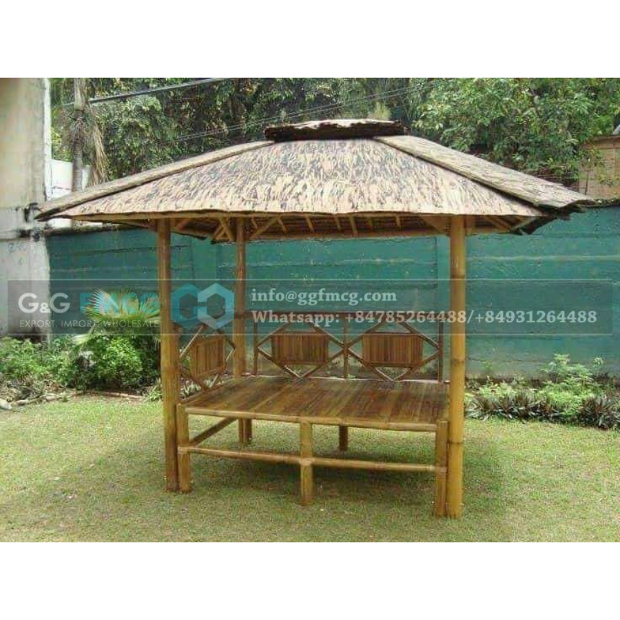 Wholesale Set Bamboo Gazebo with integrated bench seating and table inside, cushion set, bamboo roof