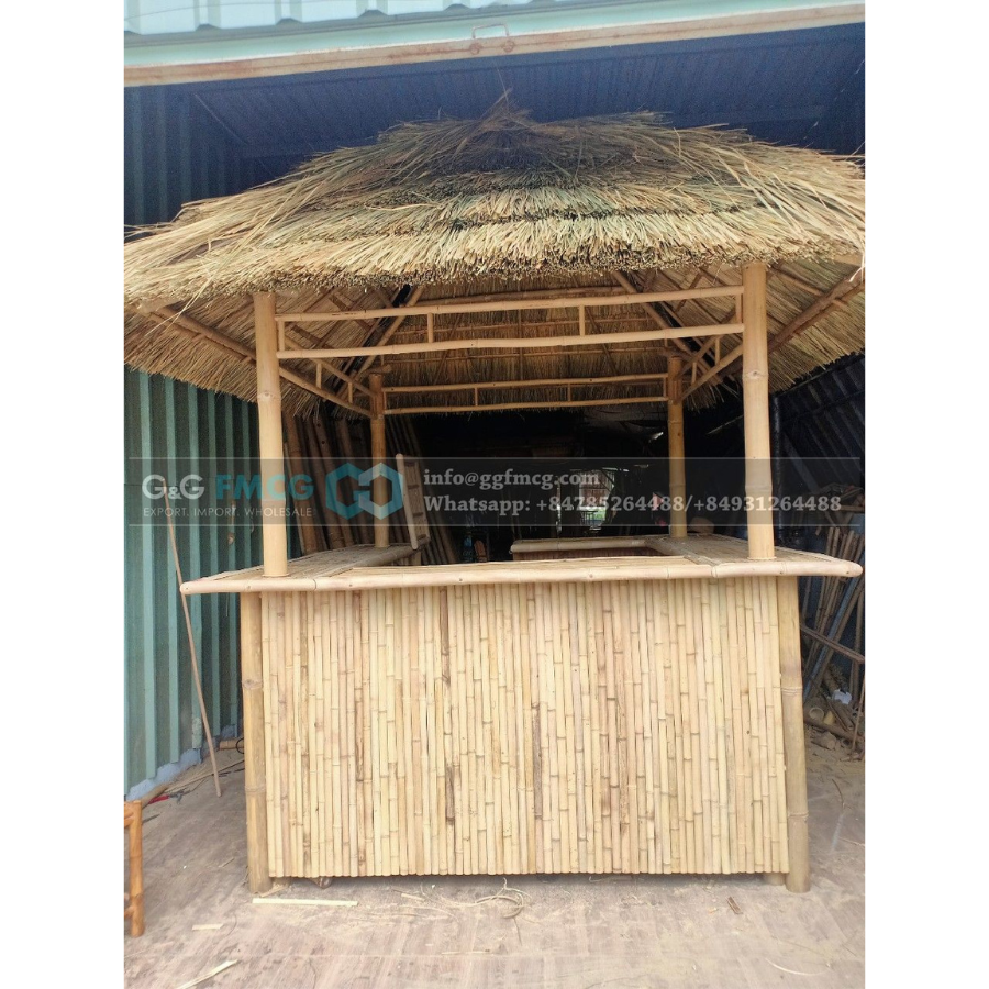 Wholesale Set Bamboo Gazebo with integrated bench seating and table inside, cushion set, bamboo roof