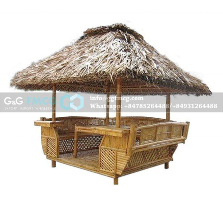 Wholesale Set Bamboo Gazebo with integrated bench seating and table inside, cushion set, bamboo roof