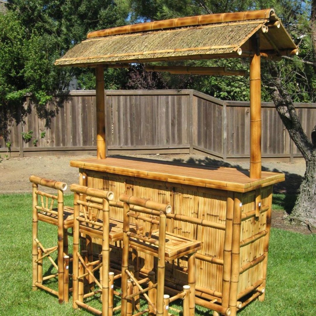 Wholesale Set Outdoor Bamboo Tiki Bar Kits With Roof and Bottle Rack Drinking Bamboo Chairs