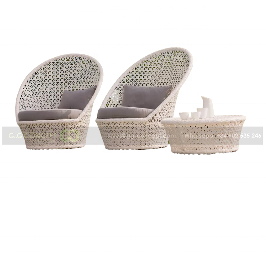 2 Pcs Wicker Barrel Chair And Table Swimming Pool Outdoor Furniture With Unique Design Clear White Color Patio Furniture