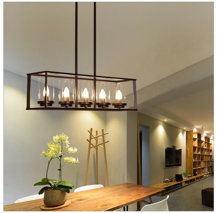 Hot sales Pendant Light Fixture 6 Lights in Rectangle Frame Shade Matte Metal Black Kitchen Island Lights