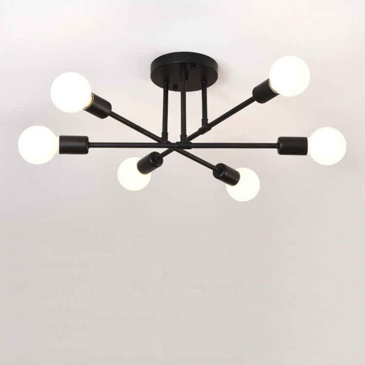 Mid Century Modern 6 Light Fixtures Semi Flush Ceiling Light Modern Sputnik Chandelier Black and Gold Lighting