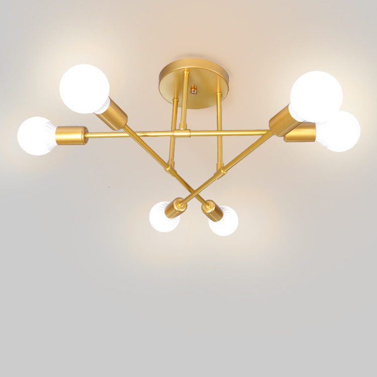 Mid Century Modern 6 Light Fixtures Semi Flush Ceiling Light Modern Sputnik Chandelier Black and Gold Lighting