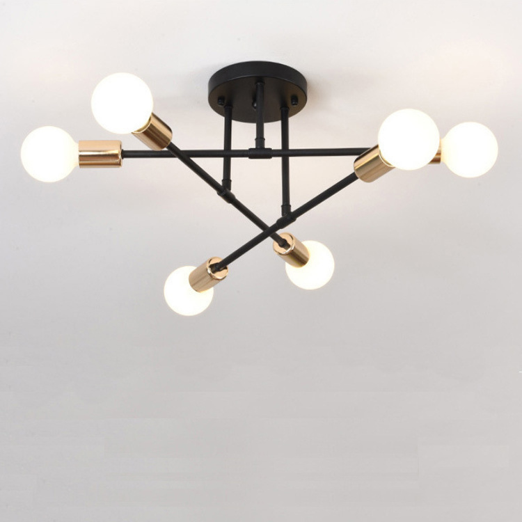 Mid Century Modern 6 Light Fixtures Semi Flush Ceiling Light Modern Sputnik Chandelier Black and Gold Lighting