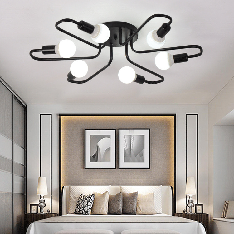 Industrial Semi-Flush Mount Ceiling Light Metal Elbow Black Linear Light Farmhouse Ceiling Lamp for Living Room